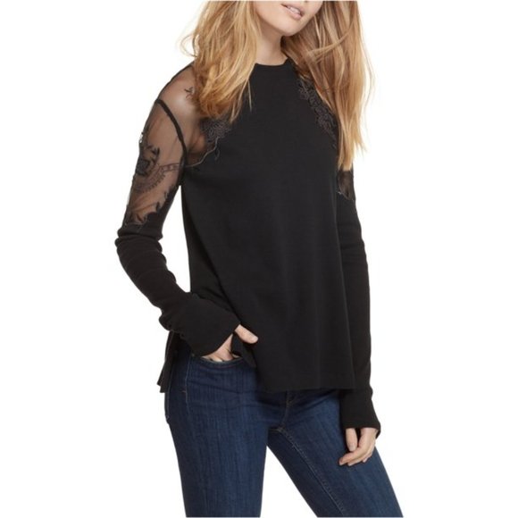 Free People Black Ribbed Daniella Pieced Peekaboo Mesh Shoulder Top Size Small - Picture 1 of 9
